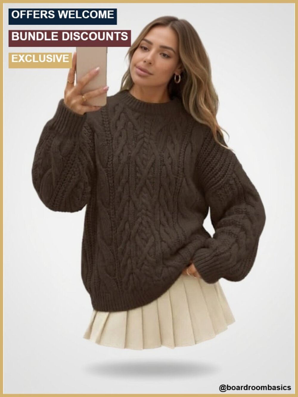 Oversized Chunky Cable Knit Pullover Sweater, Crewneck Long Sleeve Top, Soft